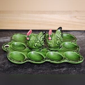 Vintage Ceramic Deviled Egg Tray with Chicken Salt & Pepper Shakers